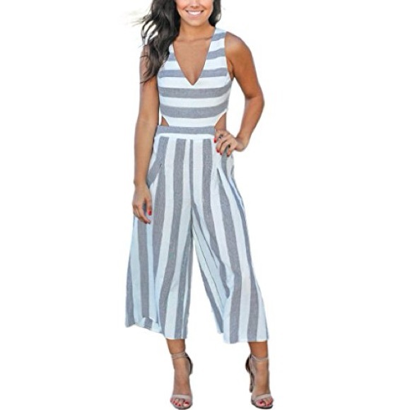 L'ATISTE Gray and White Striped Jumpsuit Size M - Picture 2 of 16